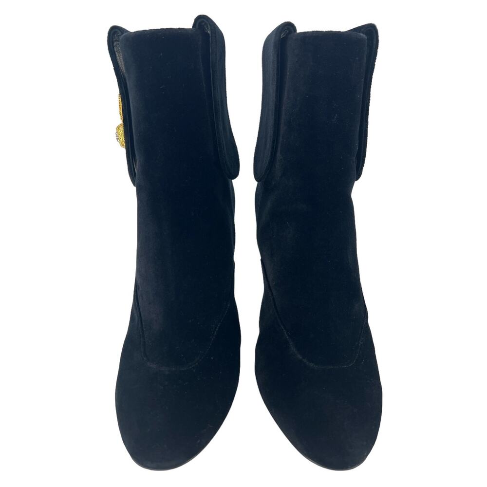 CHANEL Black Velvet Ankle Boots with Gold CC Medallion - Picture 7 of 16
